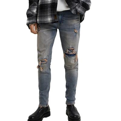 China 2021 Custom Logo OEM QUICK DRY blue faded black ripped zipper mens skinny jeans mens casual pants plus size pants for sale