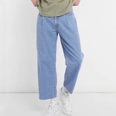 China Cheap price straight denim pants oversized men's breathable pants loose pleated crop jeans in deadeye light indigo for sale