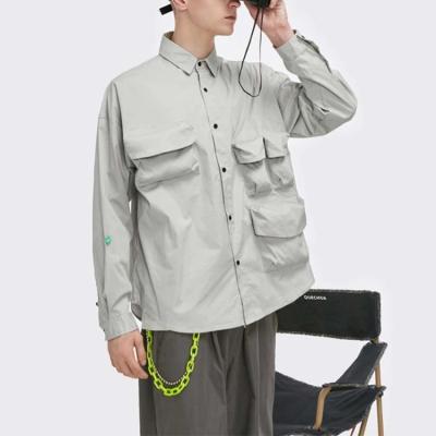 China 2021 OEM Custom Men's Seeve Breathable Shirts Hot Sale Mens Long Shirts Light Gray Blank Baggy Pocket Shirt for sale