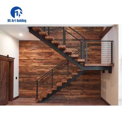 China Modern DS Customized Modern Staircase America Oak Wood /Beech/Walnut Tread Powder Coating Steel Mono Stringer Straight Stairs for sale