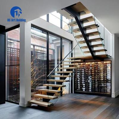 China Modern DS Customized Luxury Design Solid Wood Tread Steel Beam Straight Stairs With Glass Balustrade For Sale for sale