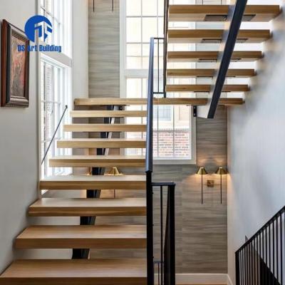 China Modern DS Customized Design Luxury Solid Wood Tread Mono Railing Stringer Steel Staircase Safety Glass Staircase for sale