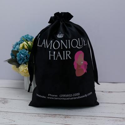 China Custom Zipper Logo Hair Satin Bag Black Drawstring Satin Packaging Bag For Wigs Dust for sale