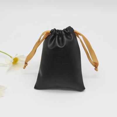 China Small Zipper Black PU Leather Bag Luxury Leather Packaging Drawstring Pouch for sale