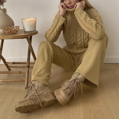 China Workable Winter Women Sportwear Casual Knitted Thick Warm Sleeve Turtle Neck Sweater Two Piece Sets Long & Wide Leg Panty 2 Pcs Fits New for sale