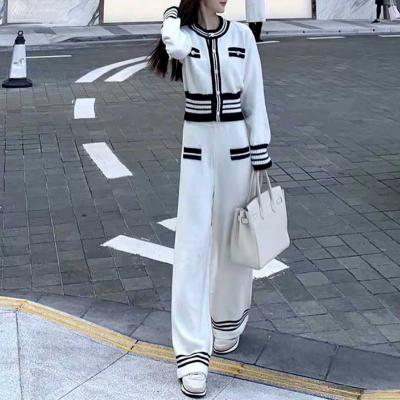 China Autumn Women Knitted Two Piece Retro Anti-Static Sport Suits Female Striped Wide Leg Pants And Main Knitted Jacket 2 PCS Woman Sweater Sets for sale