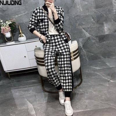 China 2021 Autumn Women Two Piece Sweater Plaid Harem Pants Female Anti-Static Sport Suits And Two Way Zipper Jacket Main 2 PCS Wool Woman Sets for sale