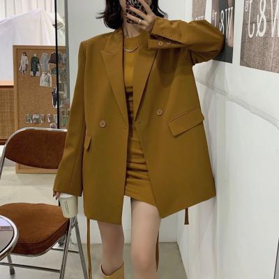 China Autumn Winter Lapel Double Breasted Women's Loose Anti-Static Chic Solid Jackets Blazer Full Sleeve Female Main Outwear 2021 for sale