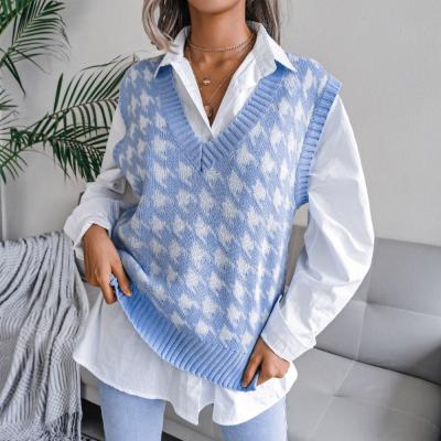 China Autumn Winter Houndstooth Casual Loose Breathable Sleeveless V-Neck Knitted Vest Women Outwear Knit Tanks Tops Sweater Vest for sale