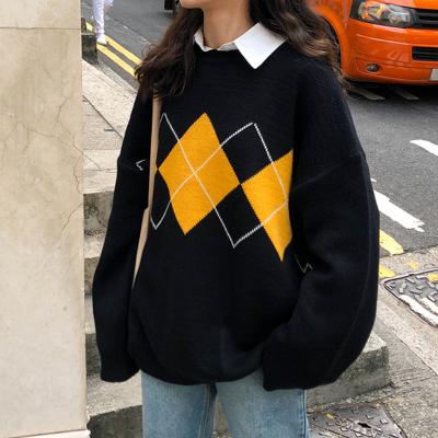 China Diamond Plaid Style Harajuku Casual Kntted Female Sweaters Winter Thick Warm Breathable O-Neck Pullover Long Sleeve Full for sale