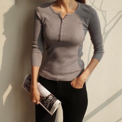 China Korea Sweater Main Autumn Single-Breasted 2021 Breathable Retro O-Neck Knitted Shirts Female Long Sleeve Striped Thin Solid Crop Top Elastic for sale