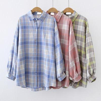 China Women's Retro Style Plaid Casual Shirts Simple-breated Autumn Long Sleeve Blusas Tops Long Sleeve for sale