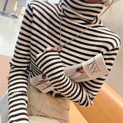 China Autumn Winter Female Striped Knitwear Long Sleeve Viable Turtle Neck Casual Knitted T-Shirt Bottoming Shirt Tops Sweater Women's T-Shirt for sale