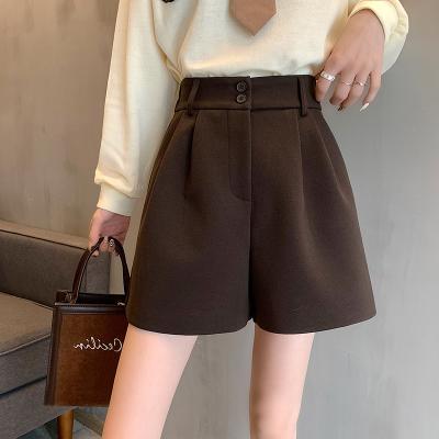 China 2021 Autumn Winter New Korean Women's Shorts Black Wide Leg High Coffee Line One Line Casual Loose Woolen Viable Size Shorts S-XL for sale