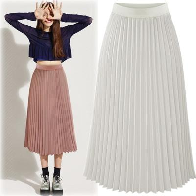 China Autumn Fashion Femlae Solid Loose Elegant Workable Elastic Waist Long Skirts Casual Chiffon Pleated Skirt Women Skirts for sale