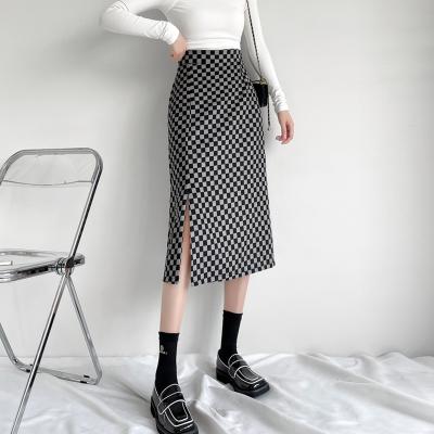 China 2021 Autumn Women Spring Elastic Waist A Vintage Midi Retro Elegant Split Skirt Driopshipping High Waist Plaid Skirt Female Viable Line for sale