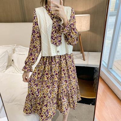 China Anti-Static Elegant Bow Neck Women Purple Floral Print Dresses Autumn Long Sleeve Female Chiffon Midi Dress Mujer Vestidos Ladies 2021 New for sale