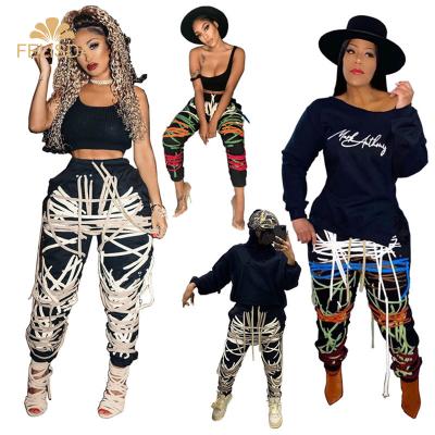 China Ikebel New Style Women's Workable Pants Sweatpants 3XL Plus Size Thick Fashion Pants Bandage Patchwork Joggers Lace Up Pants for sale