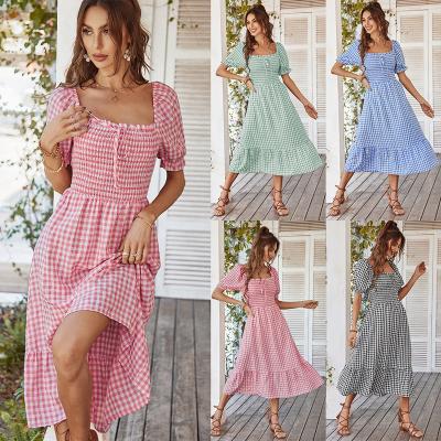 China Ikebel 2022 New Summer Vestidos Breathable Square Neck Elegant Ruffled Vintage Pleated Plaid Evening Dresses for sale