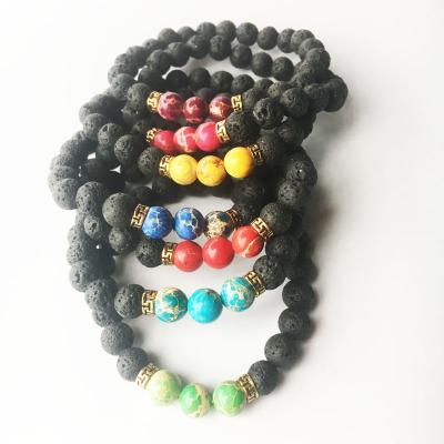 China FASHIONABLE 8mm Volcanic Stone Bracelet 3 Chakra Beads Natural Healing Crystal Gemstone Beads Worry Bracelet for sale