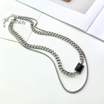 China European and American style hot hip-hop FASHIONABLE black gemstones do not fade titanium steel necklace trend sweater chain punk jewelry for sale