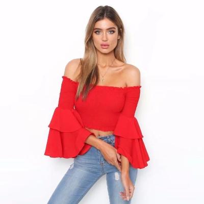 China Anti-Wrinkle New Products Hot Summer Fashion Women Clothes Flare Sleeve Off Shoulder Crop Tops for sale