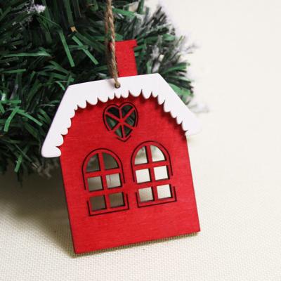 China Christmas Tree Decoration Ornaments Laser Cut DIY Christmas Craft Wooden Pendants Tree Hanging Red Houselet Figurine Ornaments Wooden Christmas Ornaments for sale