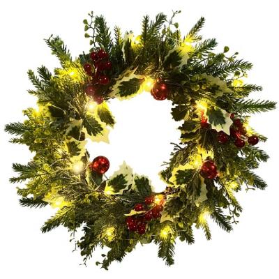 China Christmas Decoration Wholesale Factory Price Pine Needle Christmas Ball Garland Red Berries Warm White LED Lights With Timer Christmas Garland for sale