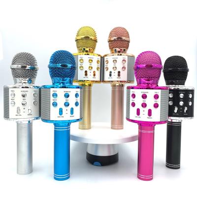 China 858l LED Microphone Handheld Flashing Wireless Condenser Microphone With Blue Teeth Kgebo Cell Phone Stereo Live Karaoke Microphone for sale