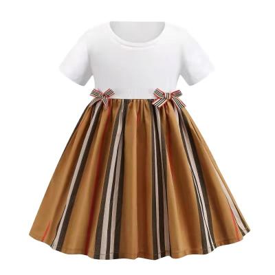 China Cotton Short Girl's Stripe Bow Belt Summer Washable Girl's Round Collar Sleeve Dress for sale