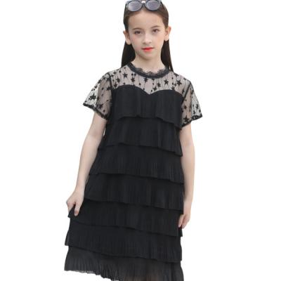 China Anti-wrinkle soft girls lace up dress teenagers cotton seersucker short sleeve yarn crew neck black chiffon layered net dress for sale