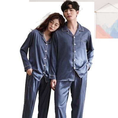 China Breathable Ice Silk Couples Two Piece Silk Pajamas Pajamas Men Silk Pajamas Set Women Sleepwear Stripe for sale