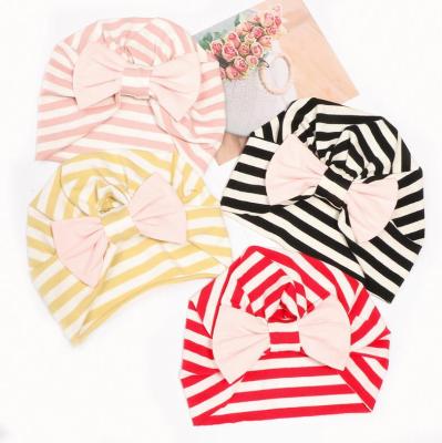 China Striped Beanie Newborn Hat Baby Girl Hat Accessories Baby Boy Slouchy Hat With Bow Spring Striped for sale