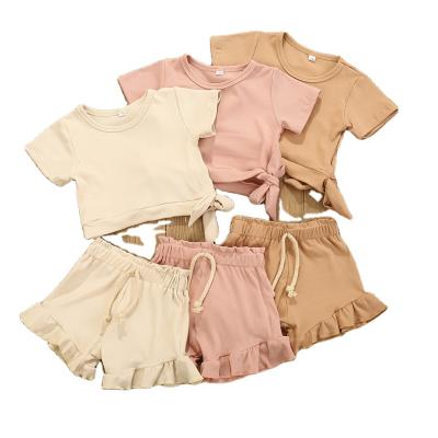 China Boutique 2pcs/set Breathable Baby Outfits Kids Round Collar Shirt Bowknot Cotton Tops Lace Up Shorts Baby Designs Clothing Sets for sale