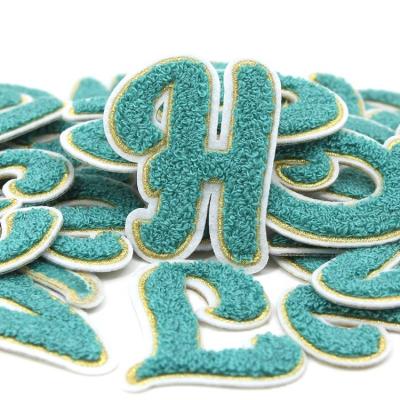 China Handmade Iron On Chenille Letter Patches DIY Name Green Letter Embroidery Patches For Clothes for sale