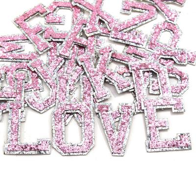 China Glitter A-Z Glitter English Alphabet Patch Applique Iron On Clothes Pink Glitter Letter Patches for sale