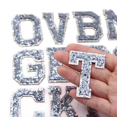 China A-Z Glitter English Alphabet Glitter Sequins Gray Letter Patch Iron On Applique DIY Bag Patches For Clothing for sale