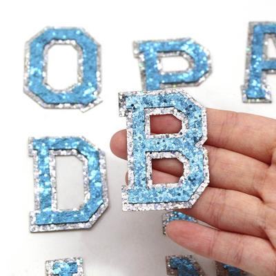 China Glitter A-Z Letter Appliqued DIY Name Iron On Patch For Clothes Blue Sequins Alphabet Letter Patches for sale