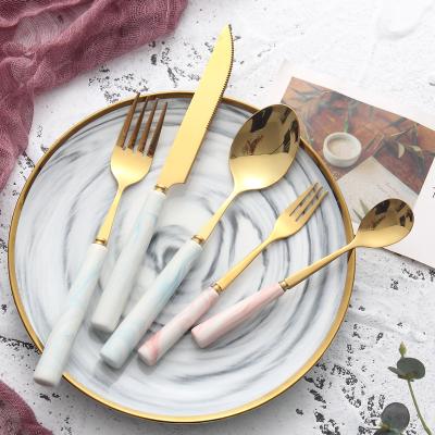 China Viable Marble Dinnerware Set Stainless Steel Knife Gray Dessert Scoop Pink Steak Fork 4pcs/set for sale