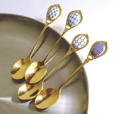 China Retro Gold Plating Dessert Spoons Stainless Steel Flatware Teaspoon for sale