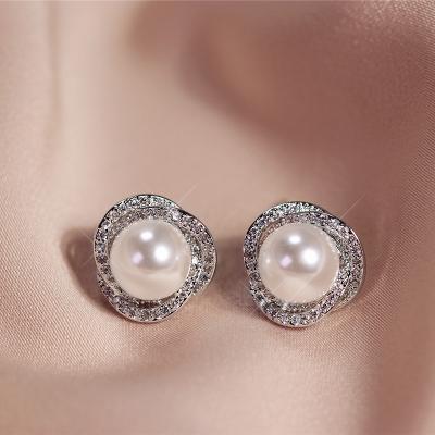 China Elegant 925 Sterling Silver Elegant Pearl Zirconia Studs High Sense Light Luxury Earrings Pearl Zirconia Studs Earrings For Women Girls for sale