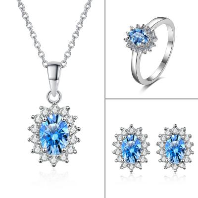 China Vintage Deechy 925 Silver Oval Cut Moissanite Stud Necklace Earrings and Ring Set Engagement Jewelry Set Royal Blue For Women Moissanite for sale