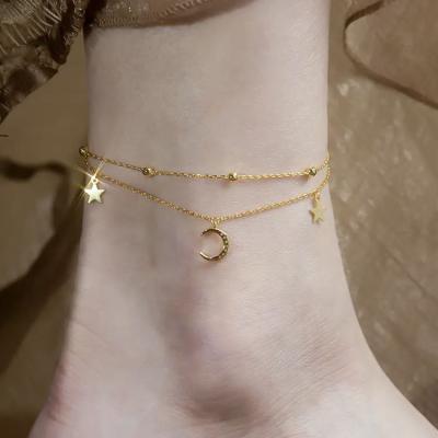 China Hot Selling TRENDY Jewelry 925 Sterling Silver Women Ankle Chain Synthetic Zircon Anklet Double Star And Moon Foot Chain for sale