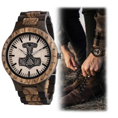 China Fashionable VIKINGS Men Viking Mjolnir Adjustable Band Japanese Movement Wooden Watch Wooden Watch Box for sale