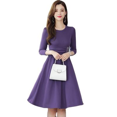 China Wholesale Custom Breathable Logo Women Elegant Knee Length Dresses Ladies Business Purple Dresses Girls Asia Three Quarter Sleeve Dresses for sale