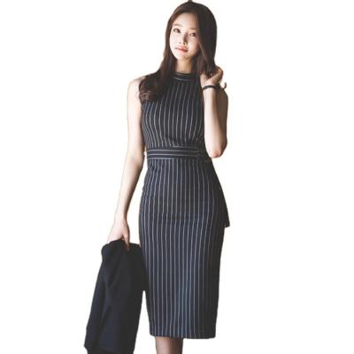 China Wholesale Breathable Spring Striped Women's Dresses Coat Sets Vintage Sleeveless Two-Piece Black Backless Dresses Ladies And Coat Women's Dresses for sale