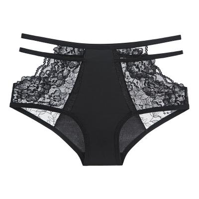 China 2022 New Sexy Fashion Antibacterial Women See Through High Rise Thongs Instructions Ladies Hollow Out Bandage Lace Transparent Breathable Panties for sale