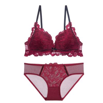 China Factory Wholesale Breathable Students Cutie Thin Floral Lace Bra Set Free Sample Gathered Bra Set For Girl Women See Through Underwear Sets for sale