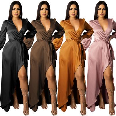 China 2022 New Arrival Women's Anti-Static Sexy Long Sleeve Satin High Split Night Dresses Solid Color Bandage Deep V-Neck Satin Ladies Long Dress for sale