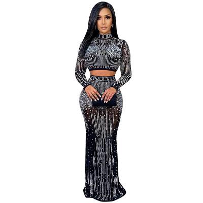 China Hot 2022 Spring Women Anti-static Sexy Nightclub Drilling Crop Top Shirt Long And Sleeve Skirt Sets Ladies With Floor Skirt 2PC Sets for sale